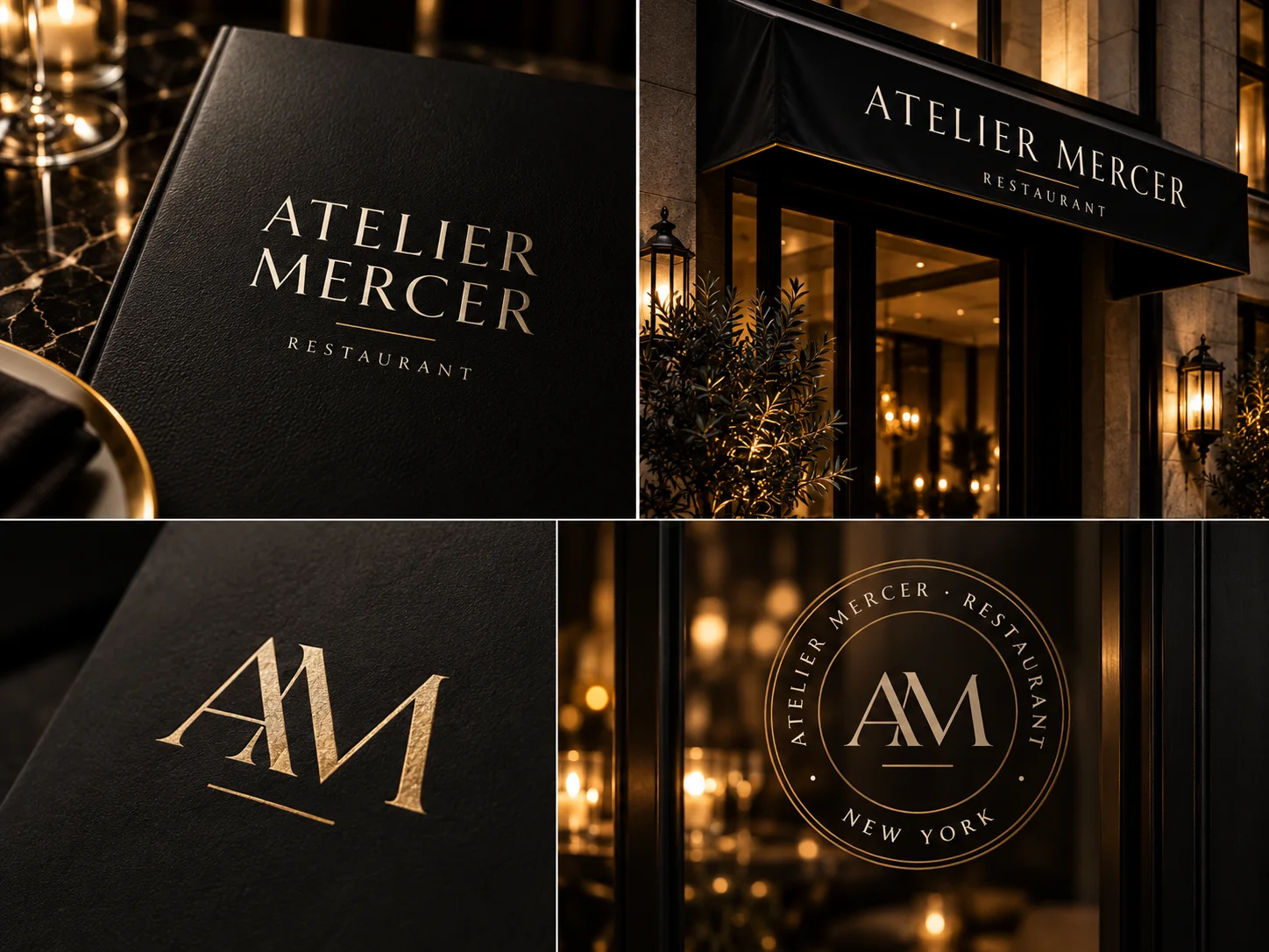 The Atelier Mercer brand in use: the menu, the awning, the seal on the window and the monogram
