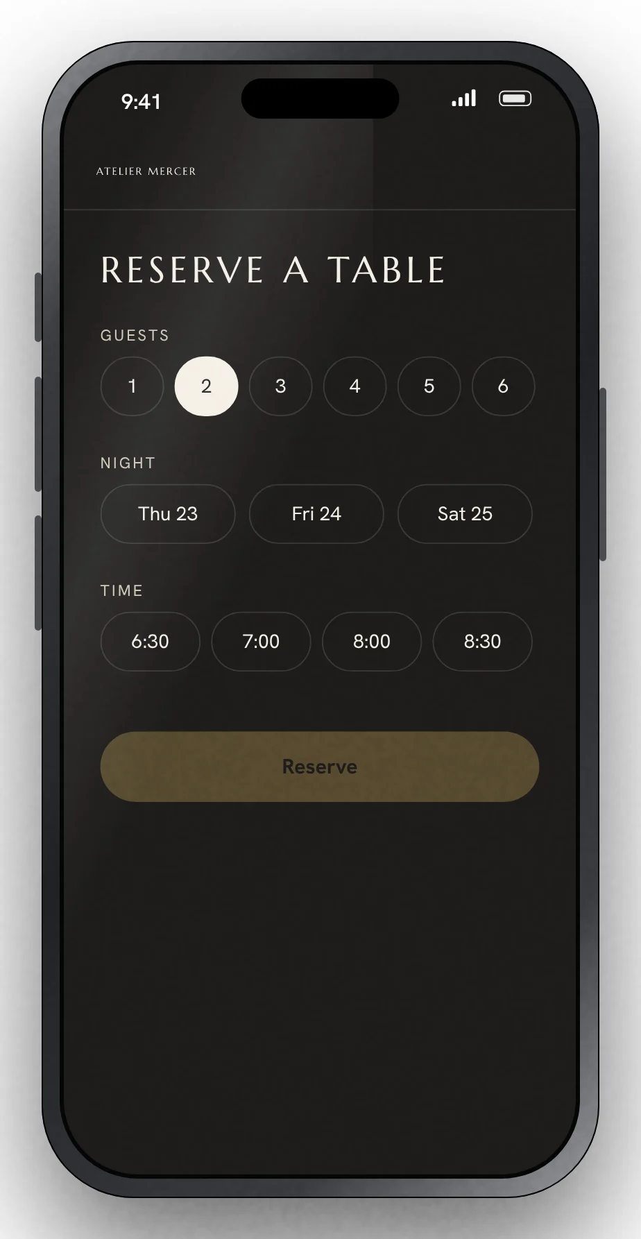 Reserving a table: guests, night, time