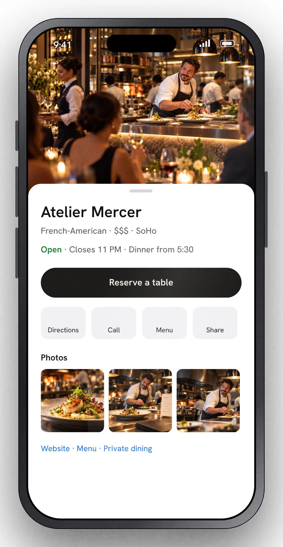 The Atelier Mercer map listing: open, the food first, reserve a table