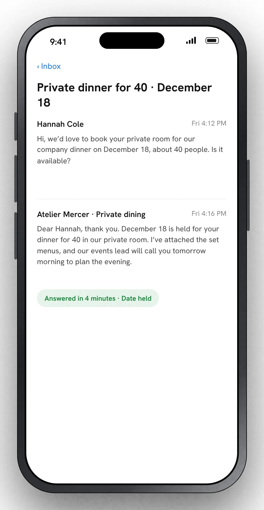 A private dinner for 40, answered in minutes