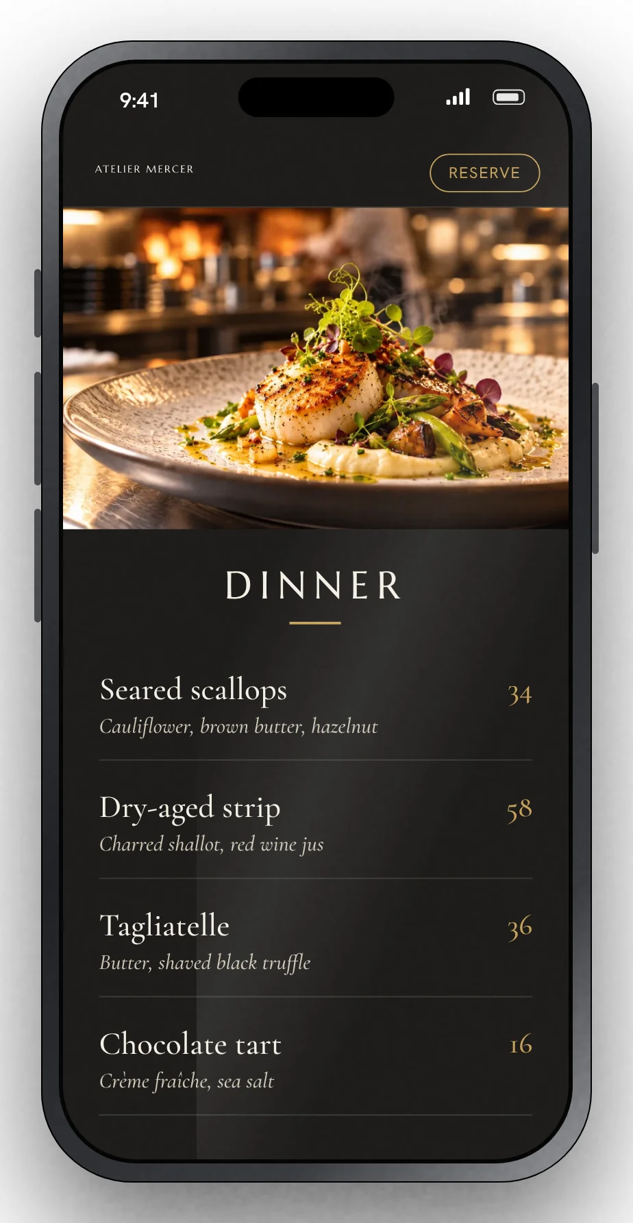 The Atelier Mercer menu on a phone