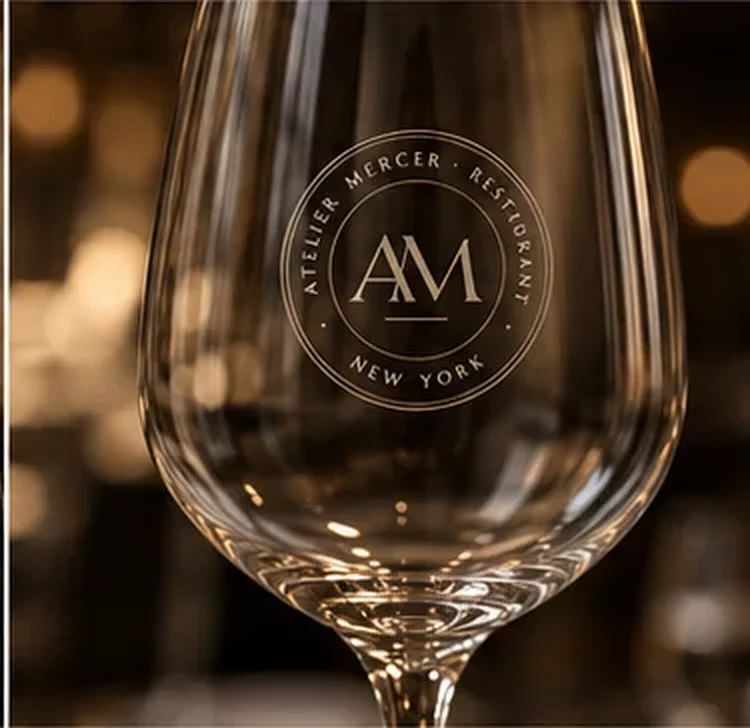 The Atelier Mercer seal etched on a wine glass
