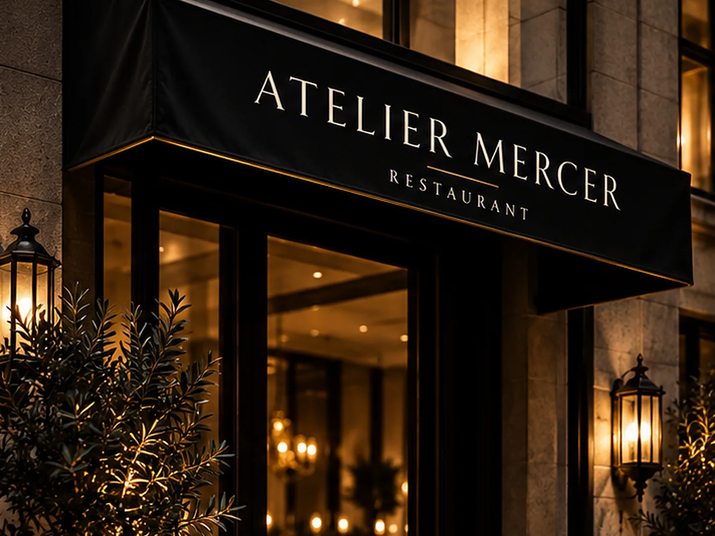 A restaurant awning at night