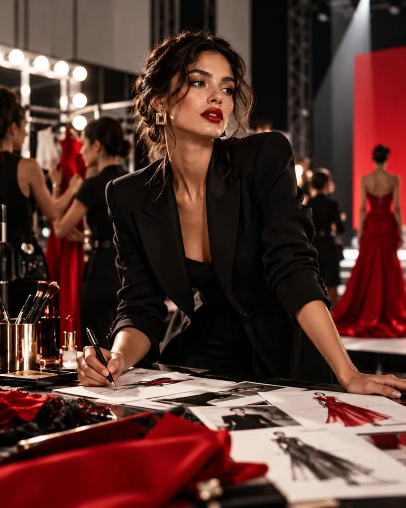 A designer at work among sketches and fabric