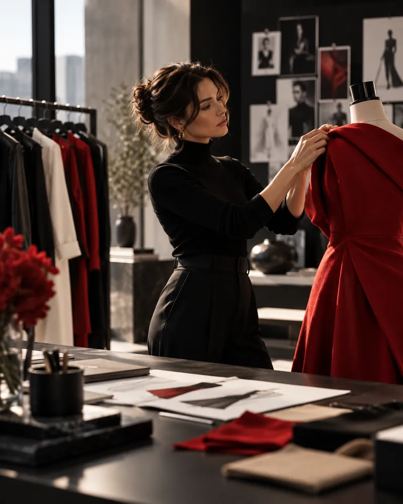 A designer fitting a red gown in an atelier