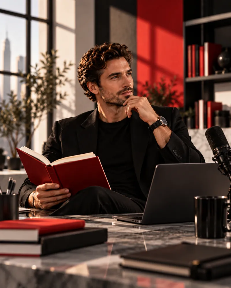 A founder reviewing notes beside a laptop