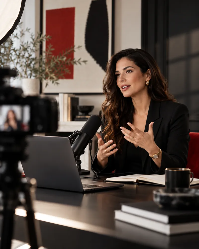 A founder talking through results at her desk