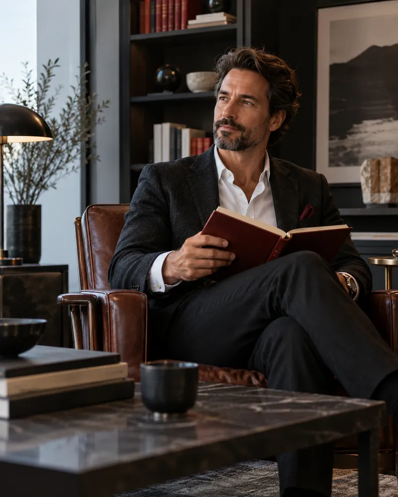 A buyer reading in a showroom