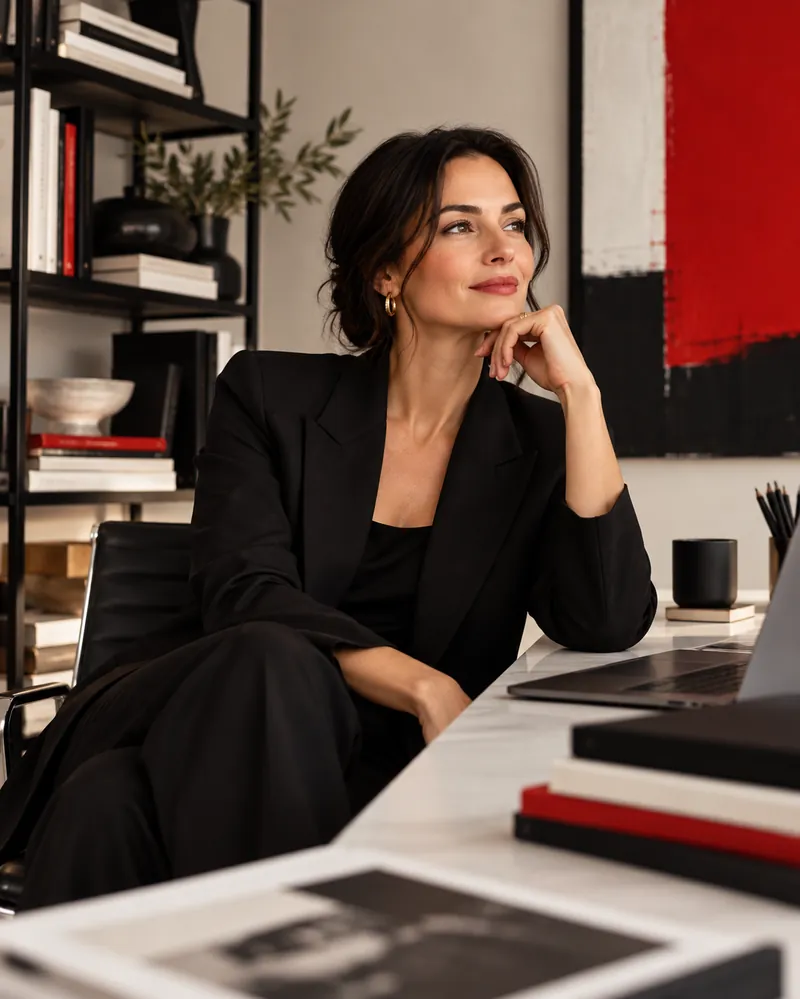 A founder at a desk with magazines and red artwork