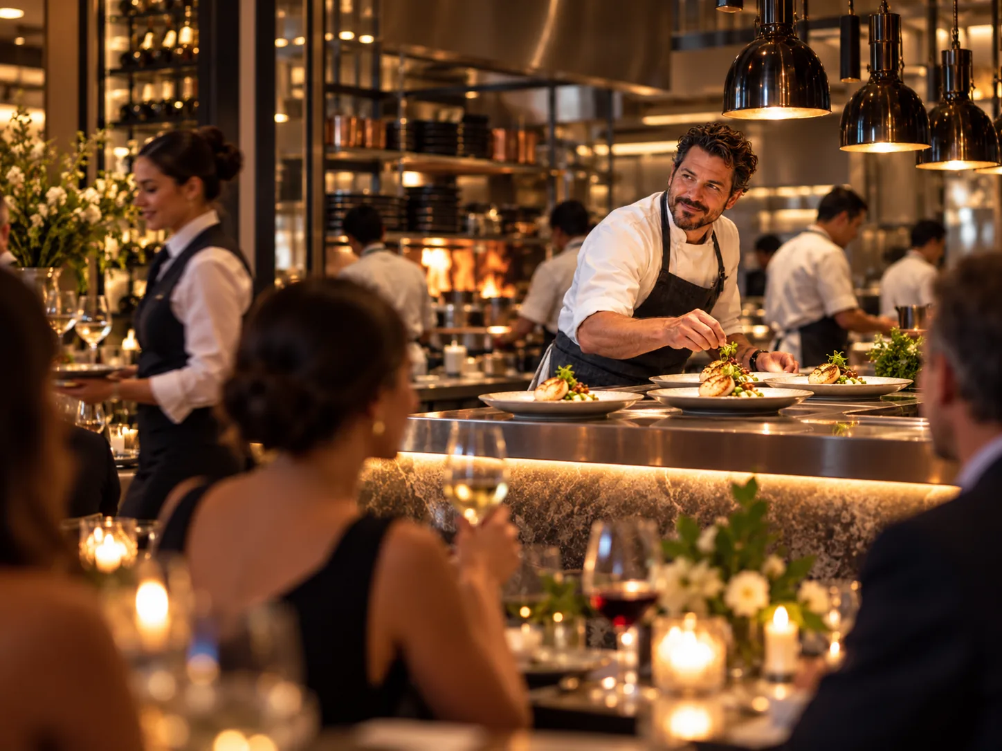 A full dining room in the evening