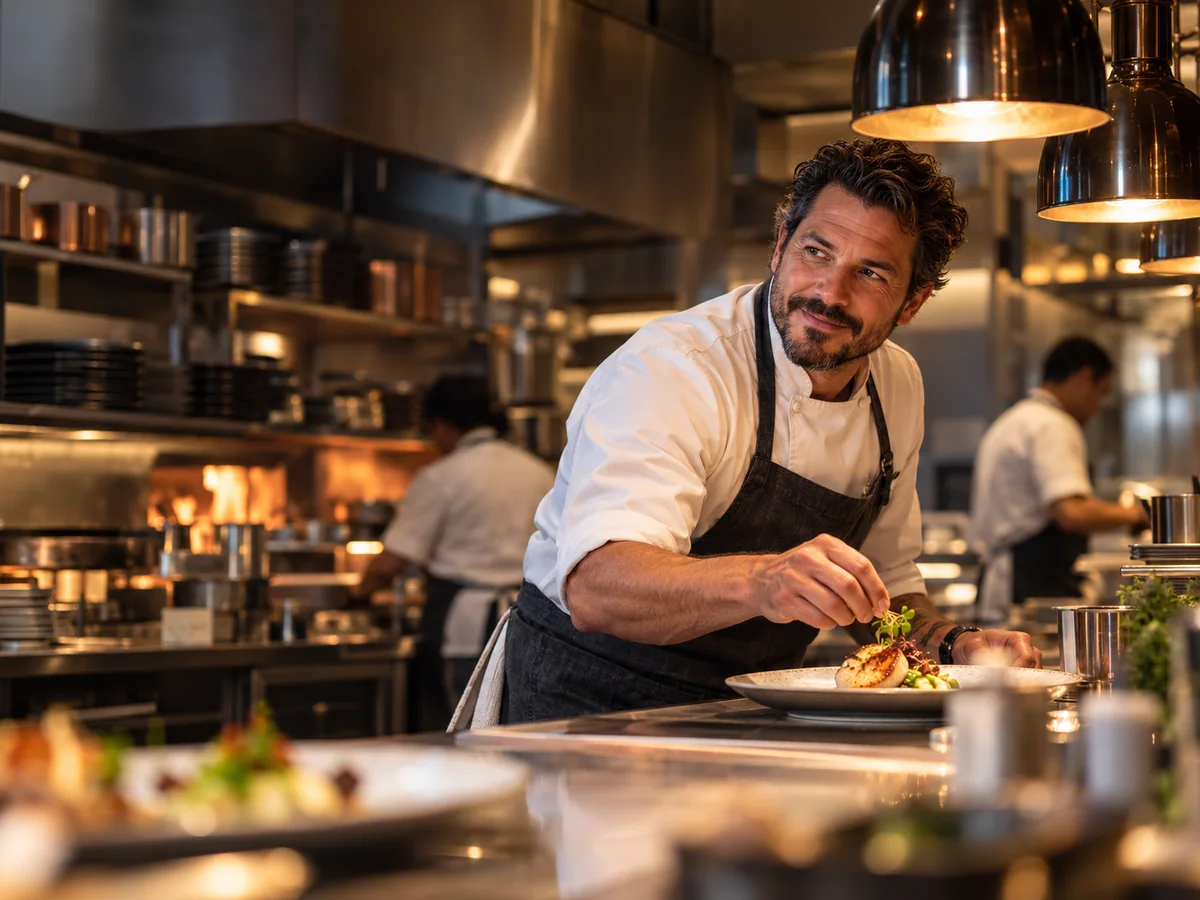 A chef plating a dish in his restaurant kitchen