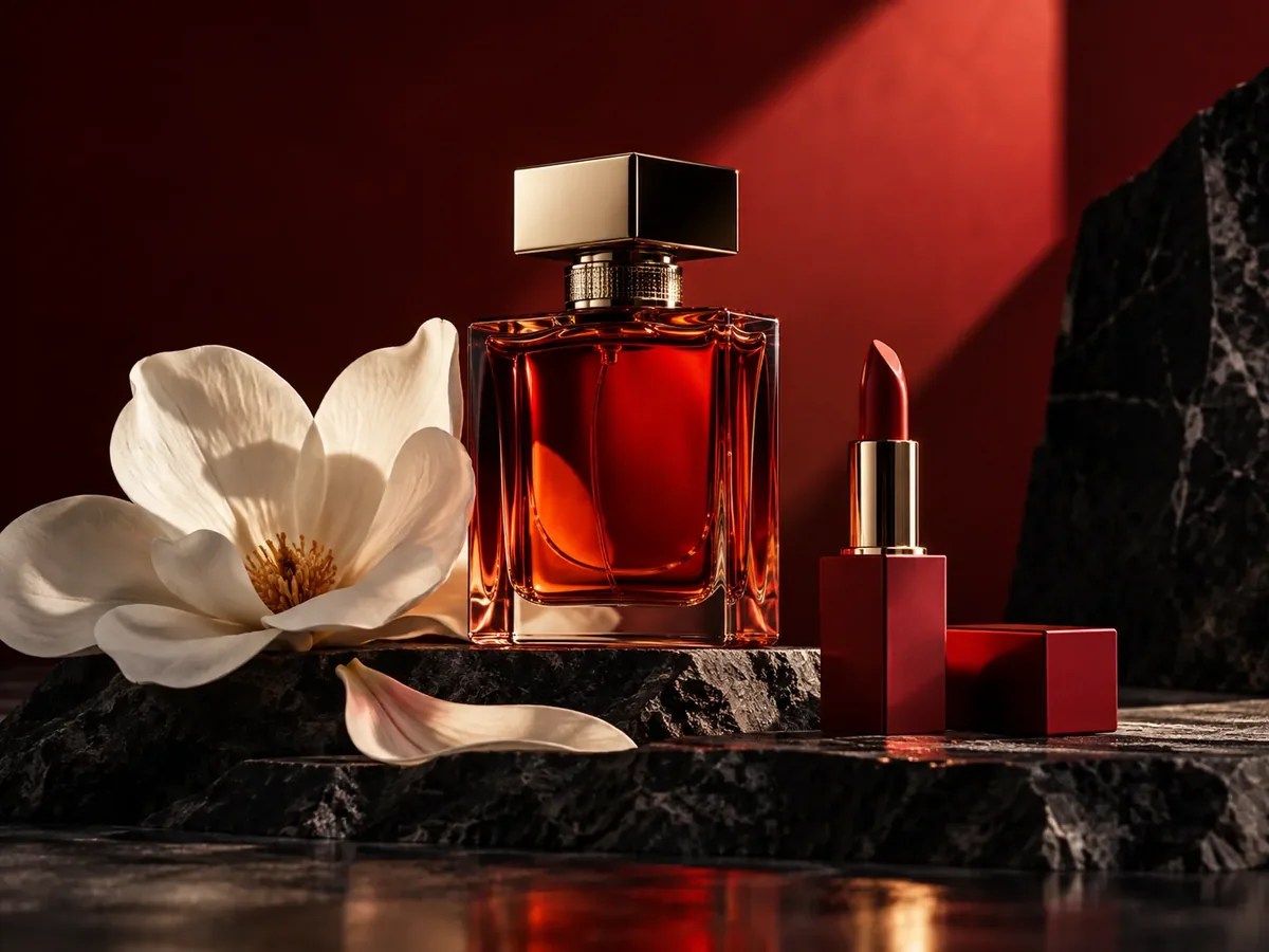 A red perfume bottle beside a magnolia and lipstick