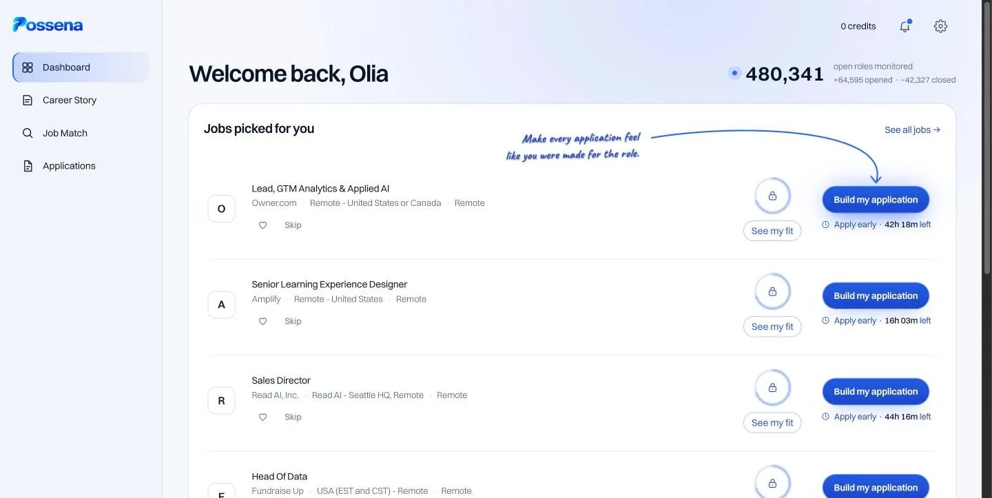 Possena dashboard: roles picked for the user, with a fit check