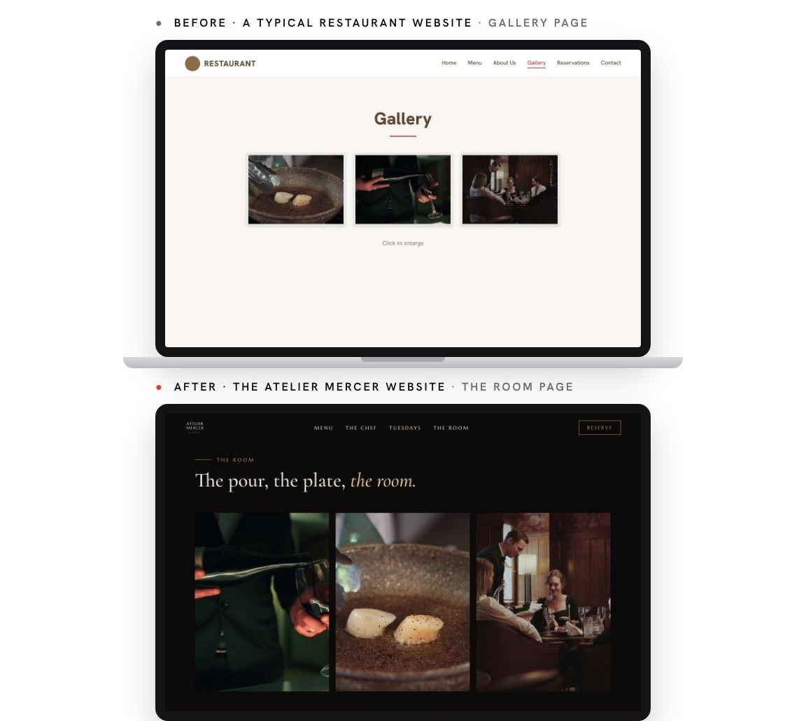 A gallery of three small photos, above the Atelier Mercer room page: the pour, the plate, the room.