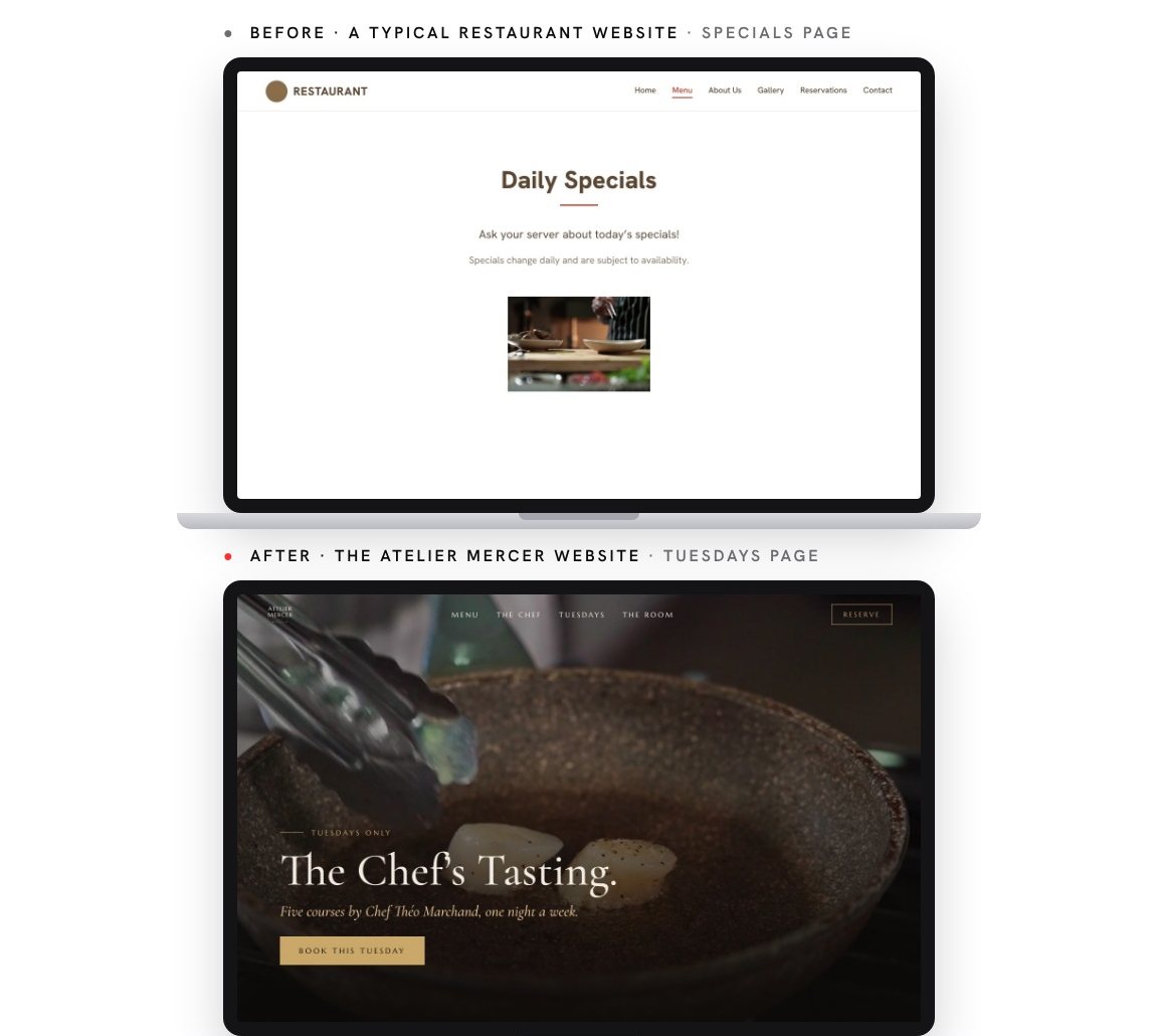 A daily specials page that says ask your server, above the Atelier Mercer Chef's Tasting page for Tuesday nights.