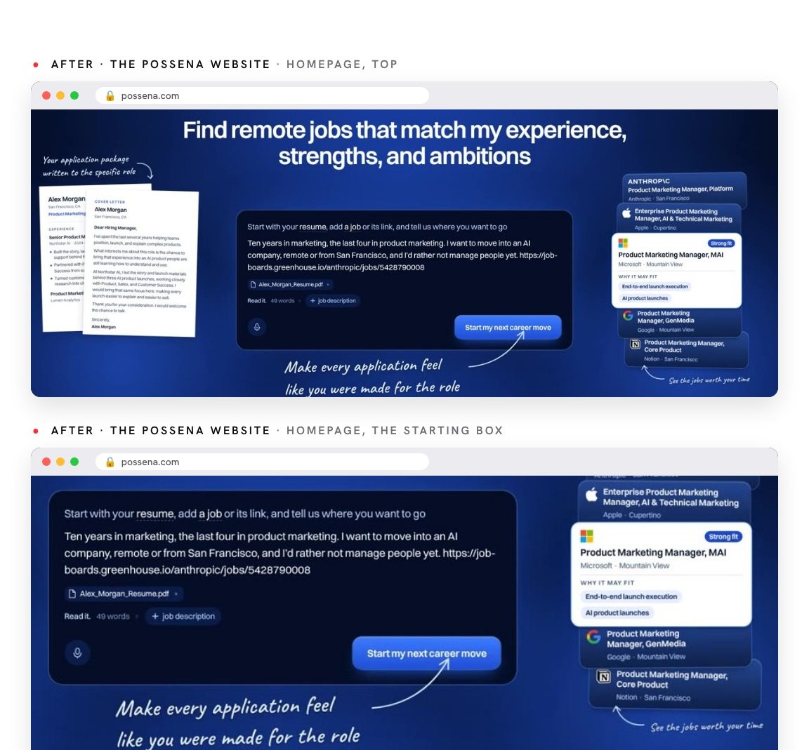 The Possena homepage: Find remote jobs that match my experience, strengths and ambitions, with the starting box right there.