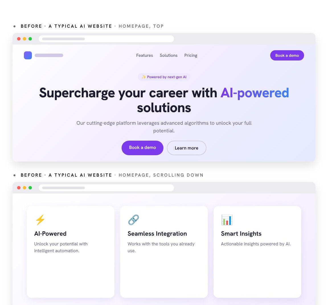 A typical AI homepage: Supercharge your career with AI-powered solutions, a purple gradient, Book a demo, and a row of vague feature cards.