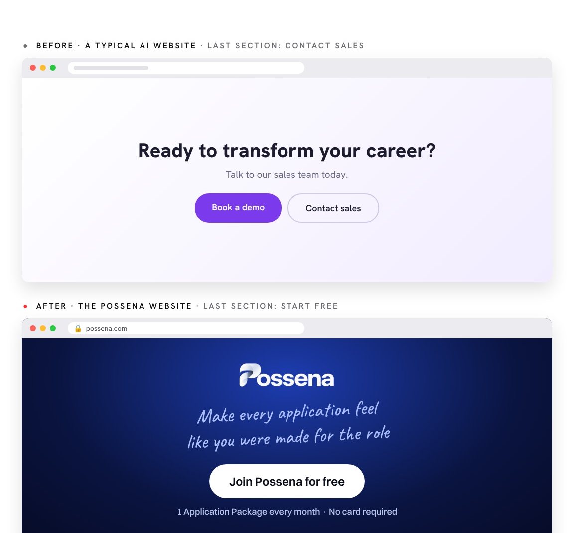 A Ready to transform your career section with Book a demo, above Join Possena for free.