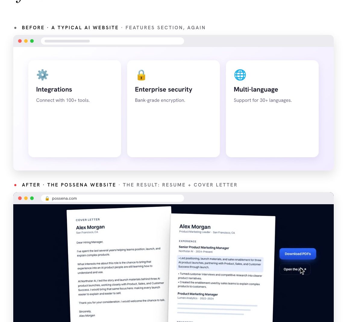 A feature list of integrations and security above a finished resume and cover letter.