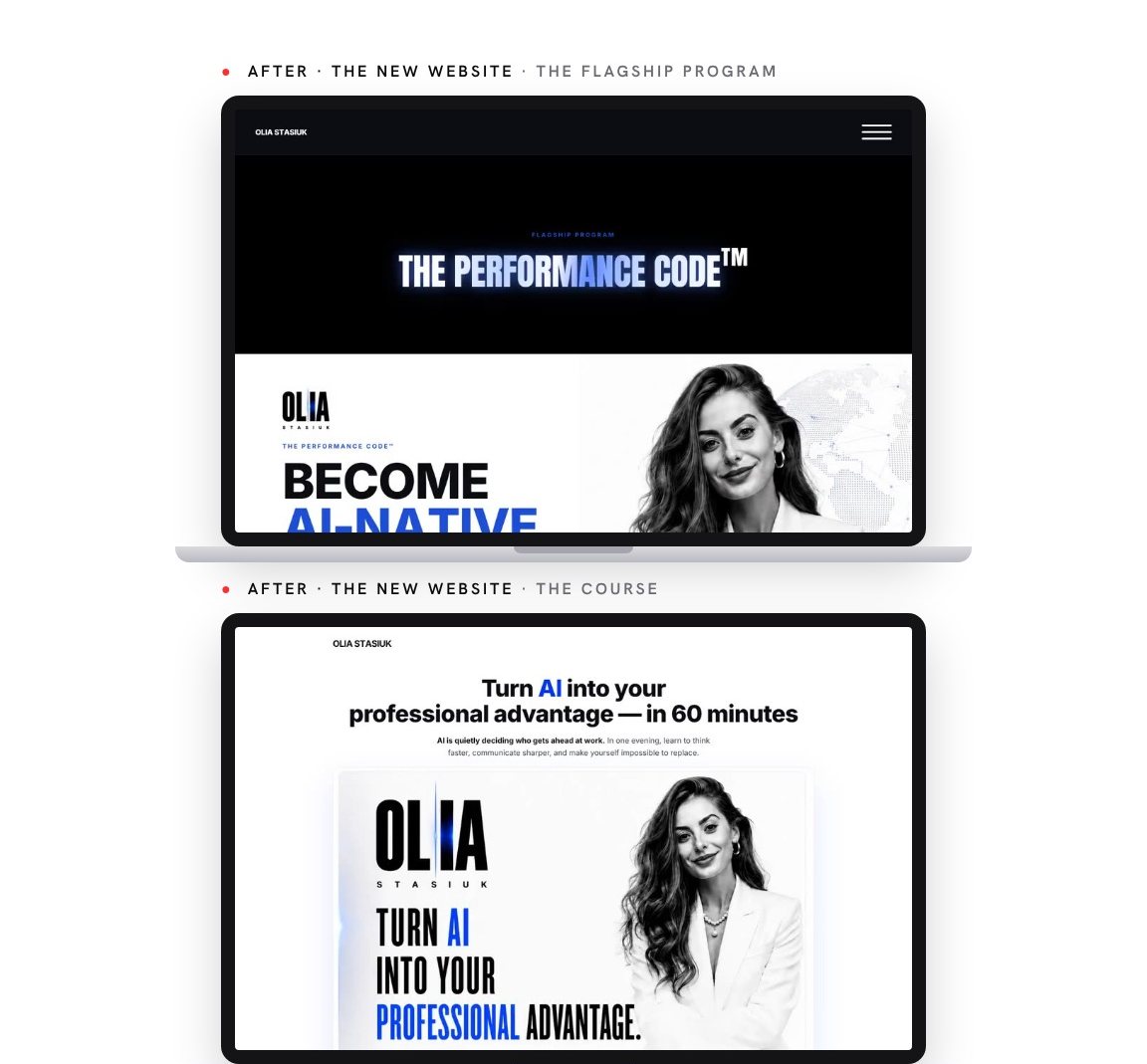 New pages: the flagship program The Performance Code and a free course that turns AI into a professional advantage in 60 minutes.