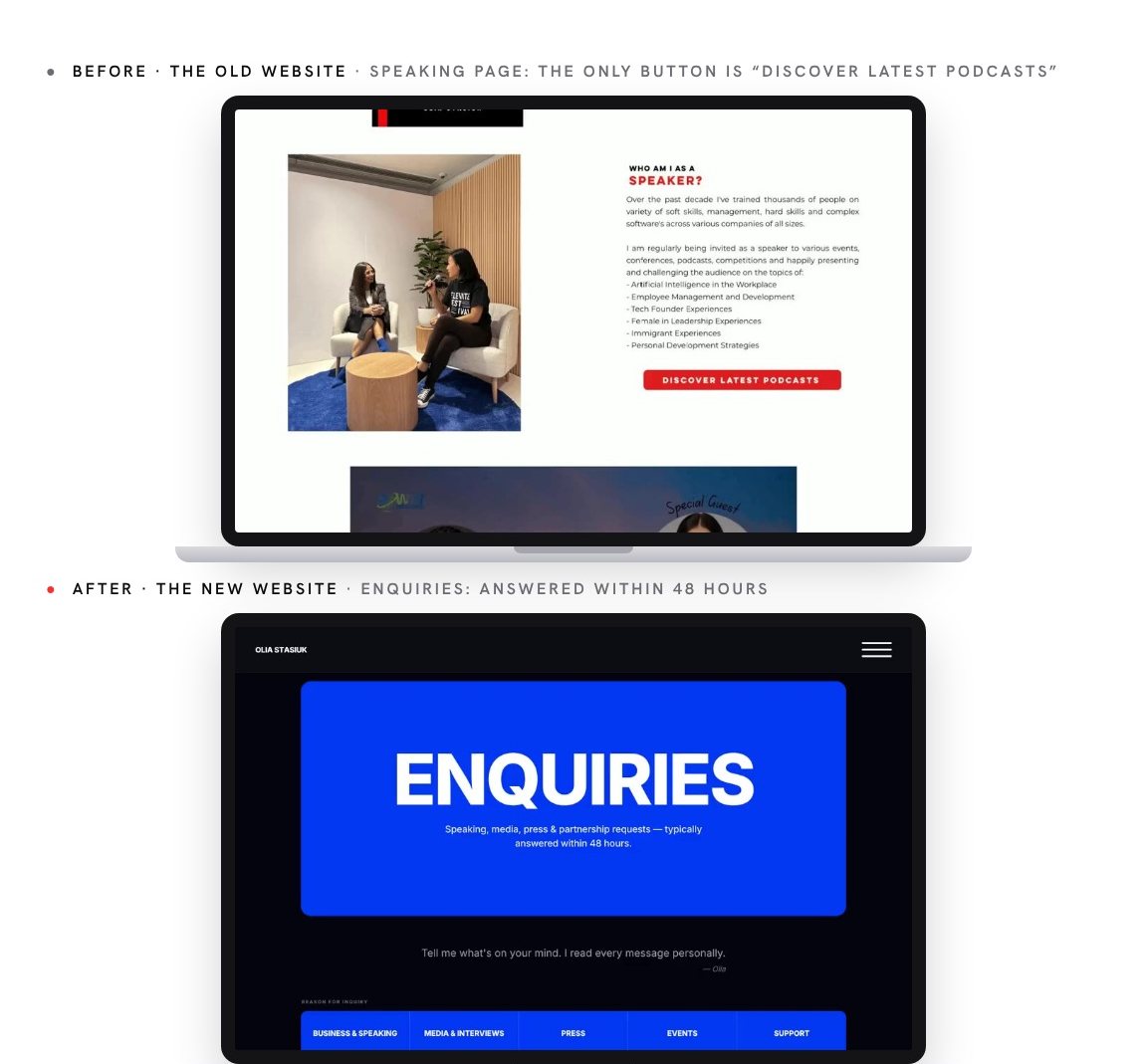 The old speaking page with a single podcast button, above the new enquiries page for speaking, media and press, answered within 48 hours.
