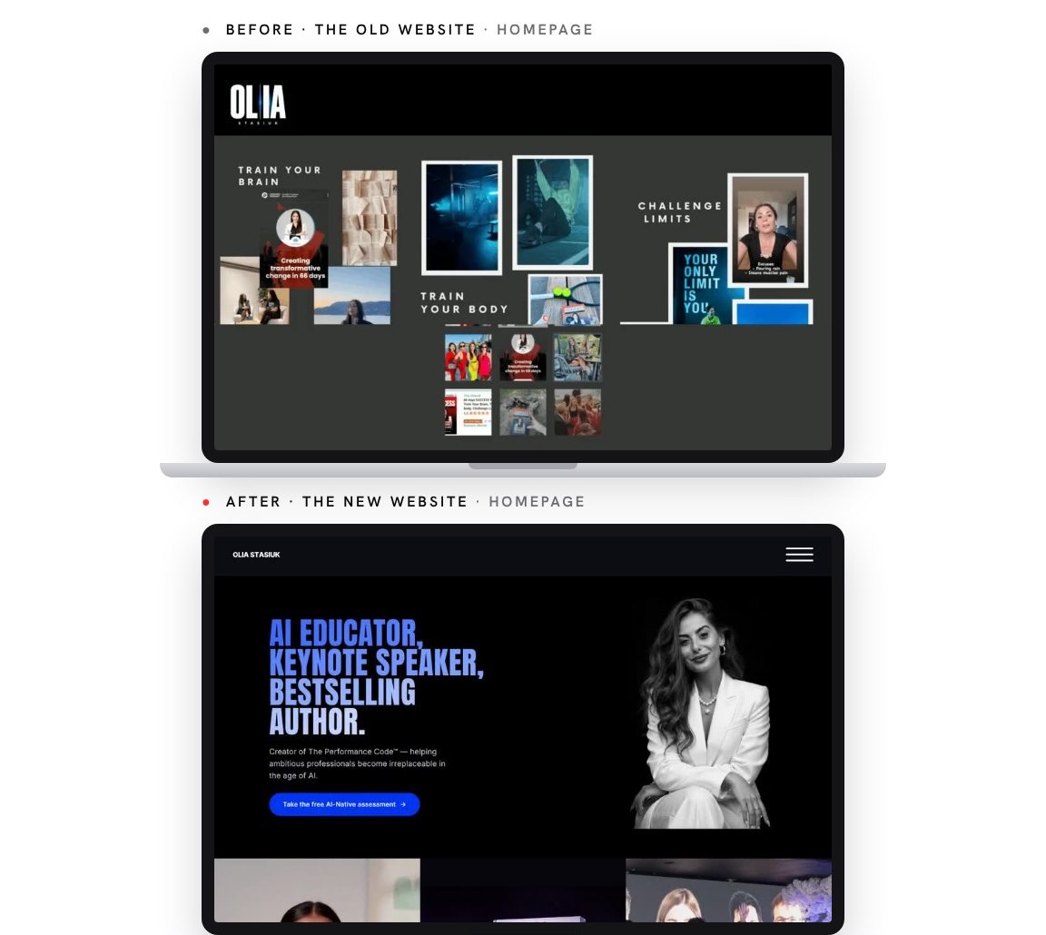The old homepage, a collage of photos, above the new homepage: AI educator, keynote speaker, bestselling author.
