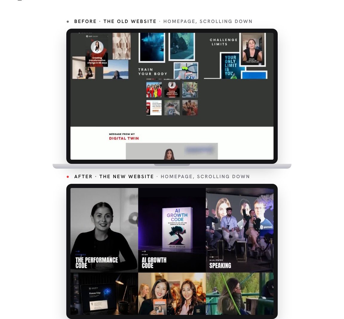 The old homepage scrolled down like a scrapbook, above the new homepage showing The Performance Code, the AI Growth Code and speaking side by side.