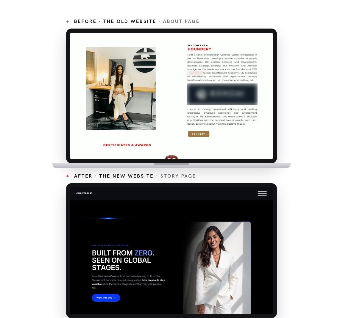 The old about page with a CV in paragraphs, above the new story page: built from zero, seen on global stages.