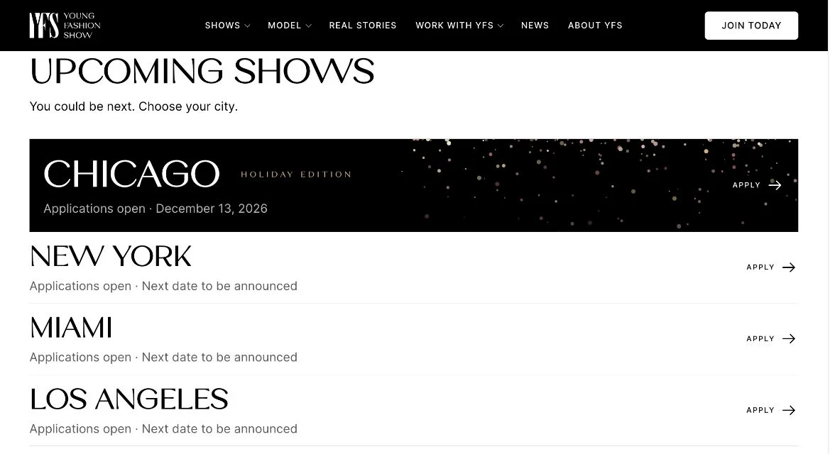 Young Fashion Show website: upcoming shows by city, each with an apply button